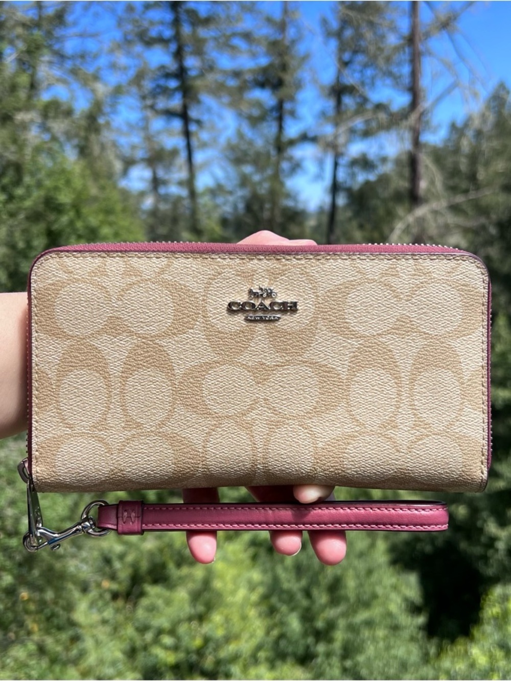 COACH Long Zip-Around Wallet Wristlet CC Holder Khaki/Pink with Silver Hardware